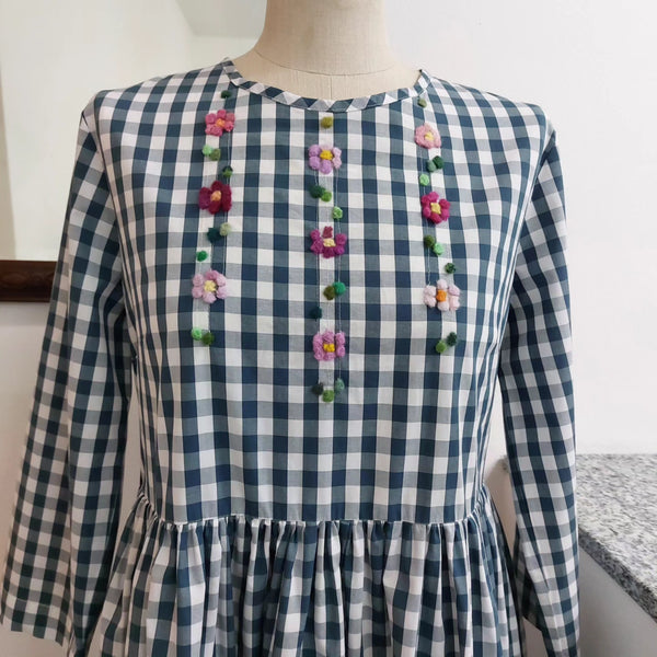 Womens Dress ' Linette 3/4 Flowers ' 1x1 Vichy Poplin